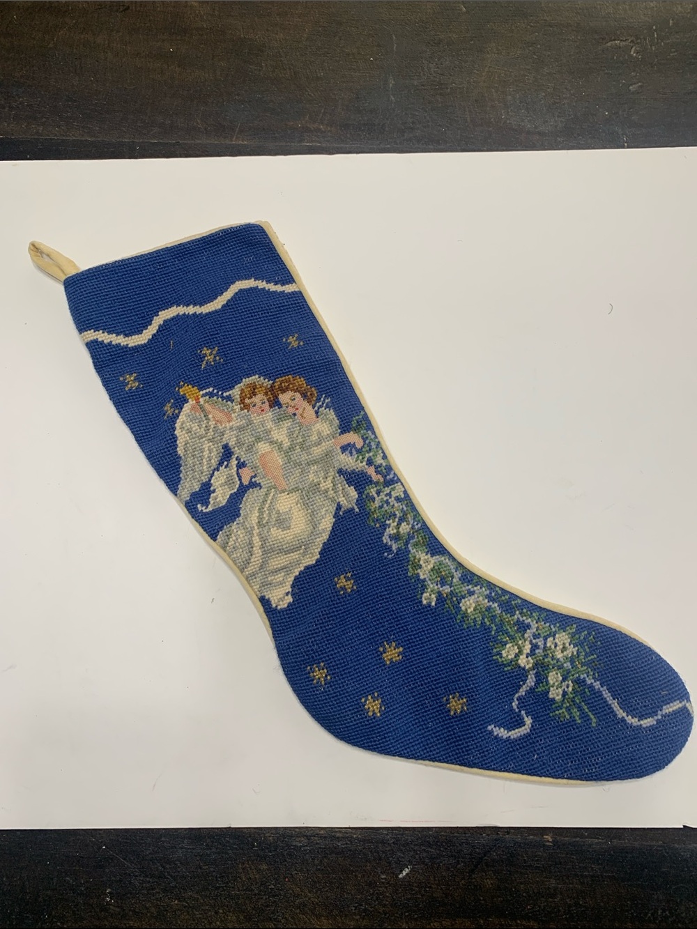 Blue Angel Needlepoint Christmas Stocking - Classic Holiday Decor